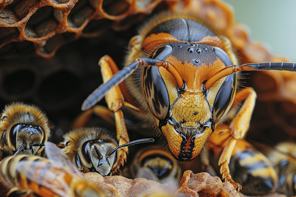 Un frelon asiatique dans une ruche