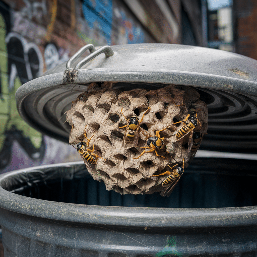 Un nid de guêpes polistes sous le couvercle d'un conteneur poubelle